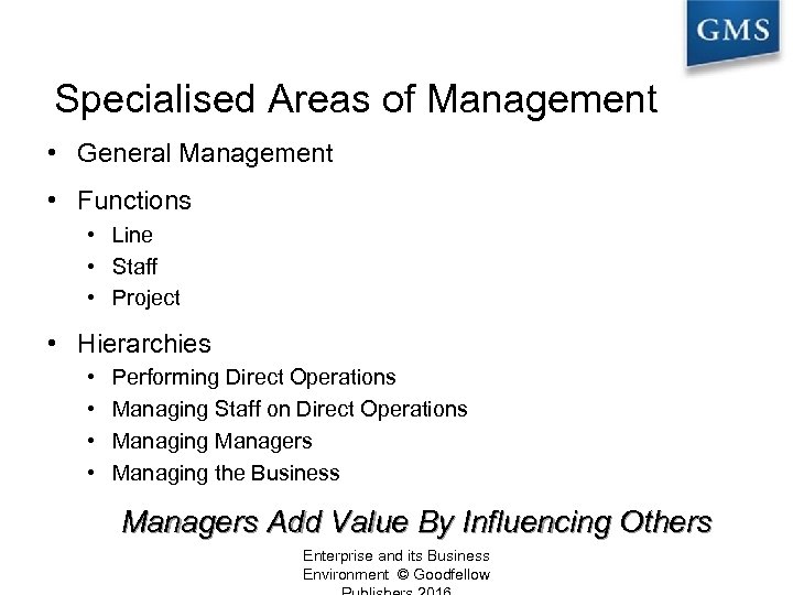 Specialised Areas of Management • General Management • Functions • Line • Staff •