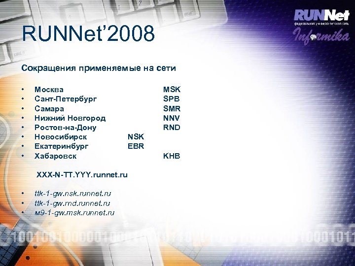 RUNNet’ 2008 Сокращения применяемые на сети • • Mосква Сант-Петербург Самара Нижний Новгород Ростов-на-Дону