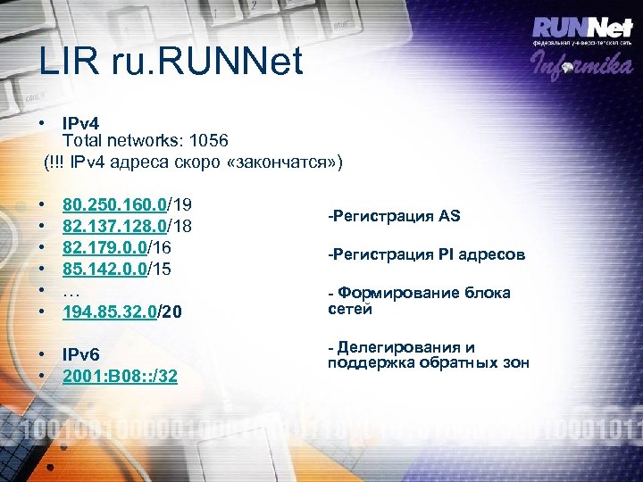 LIR ru. RUNNet • IPv 4 Total networks: 1056 (!!! IPv 4 адреса скоро