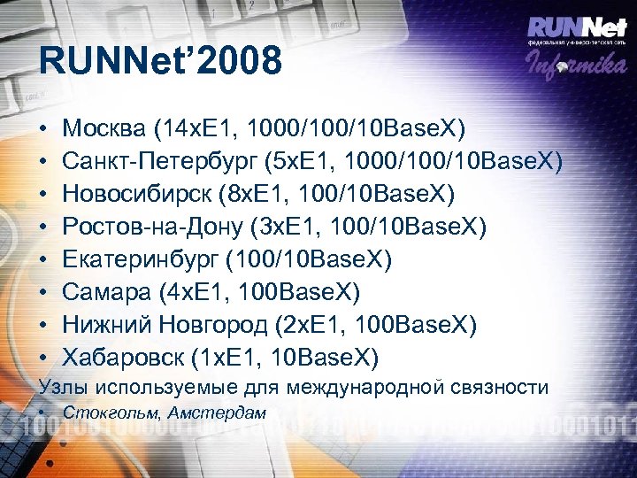 RUNNet’ 2008 • • Москва (14 x. E 1, 1000/10 Base. X) Санкт-Петербург (5