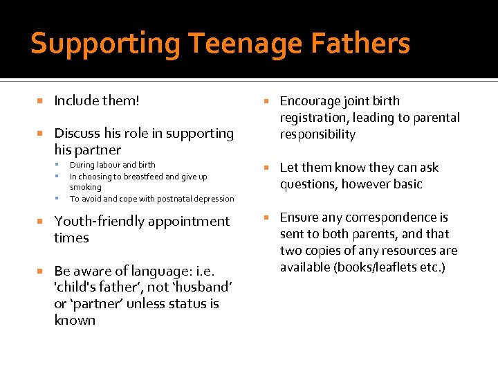 Supporting Teenage Fathers Include them! Discuss his role in supporting his partner During labour