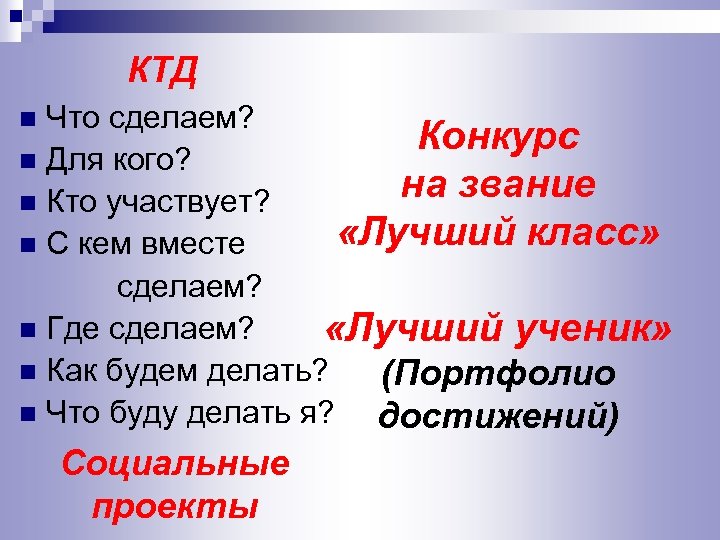 КТД Что сделаем? Конкурс n Для кого? на звание n Кто участвует? «Лучший класс»