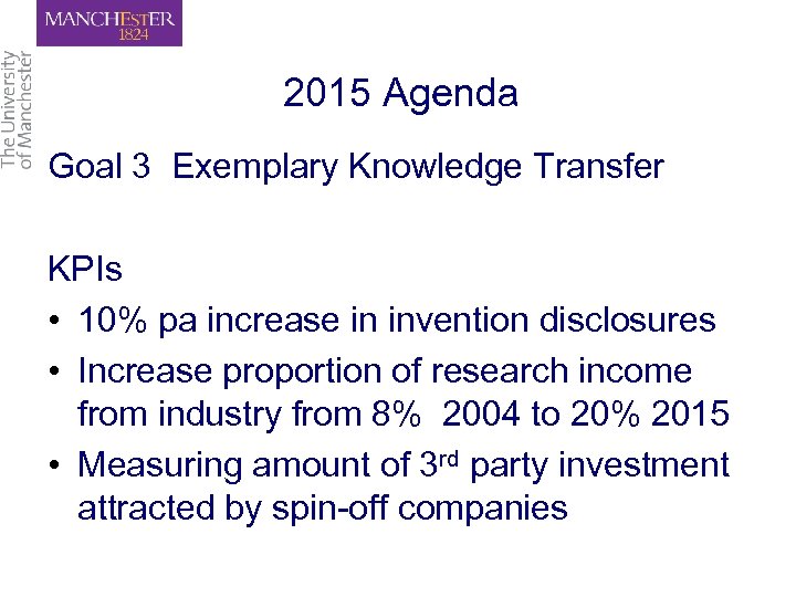 2015 Agenda Goal 3 Exemplary Knowledge Transfer KPIs • 10% pa increase in invention