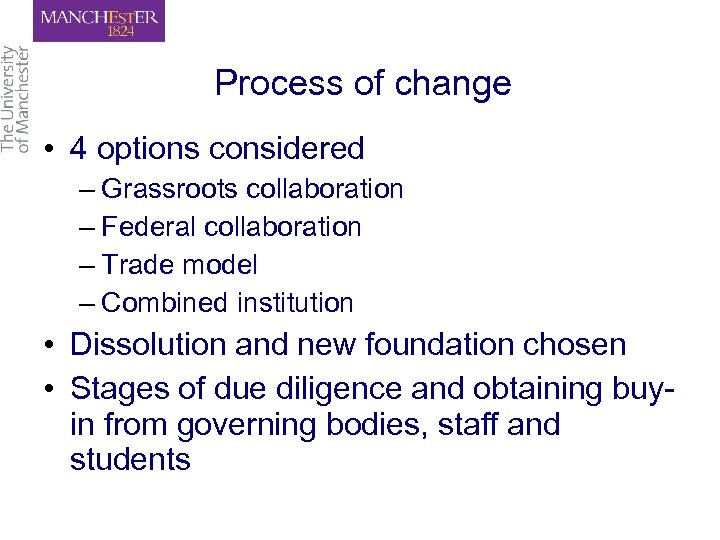Process of change • 4 options considered – Grassroots collaboration – Federal collaboration –