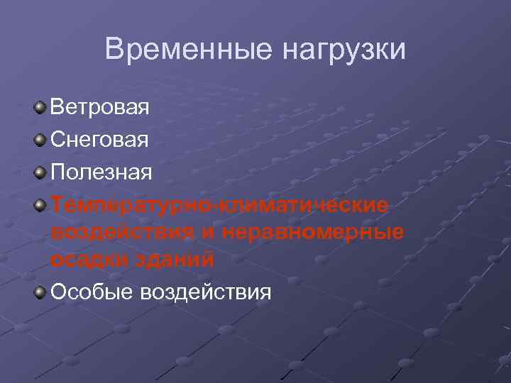 Временные нагрузки Ветровая Снеговая Полезная Температурно-климатические воздействия и неравномерные осадки зданий Особые воздействия 