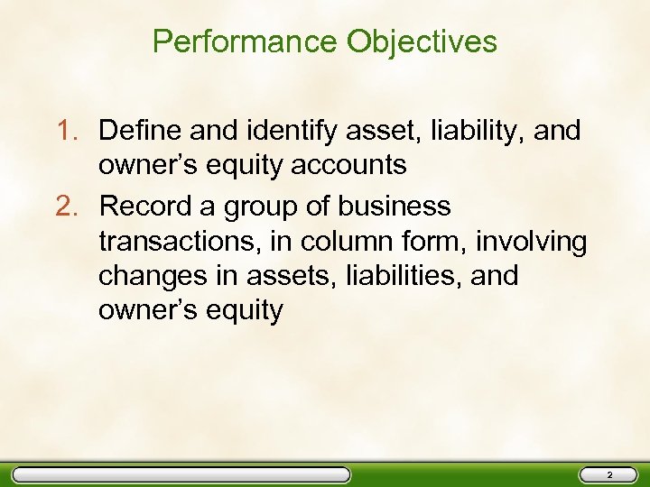 Performance Objectives 1. Define and identify asset, liability, and owner’s equity accounts 2. Record