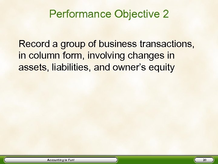 Performance Objective 2 Record a group of business transactions, in column form, involving changes