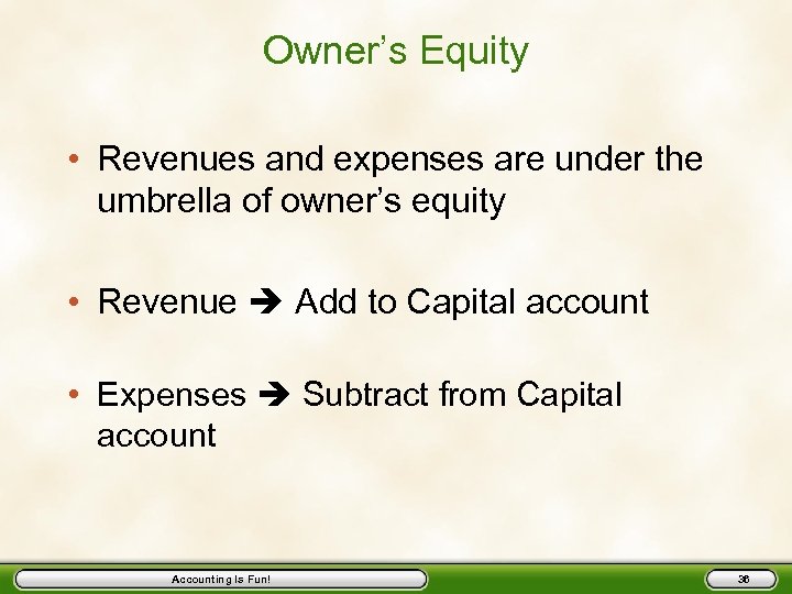 Owner’s Equity • Revenues and expenses are under the umbrella of owner’s equity •