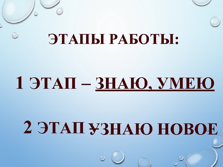 ЭТАПЫ РАБОТЫ: 1 ЭТАП – ЗНАЮ, УМЕЮ 2 ЭТАП УЗНАЮ НОВОЕ – 