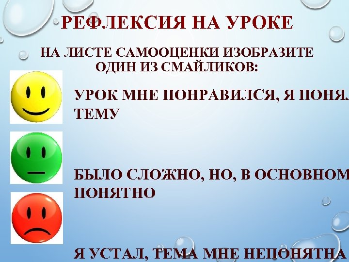 РЕФЛЕКСИЯ НА УРОКЕ НА ЛИСТЕ САМООЦЕНКИ ИЗОБРАЗИТЕ ОДИН ИЗ СМАЙЛИКОВ: УРОК МНЕ ПОНРАВИЛСЯ, Я