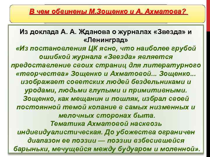 В чем обвинены. Литература и А. Ахматова? М. Зощенко Из доклада А. А. Жданова