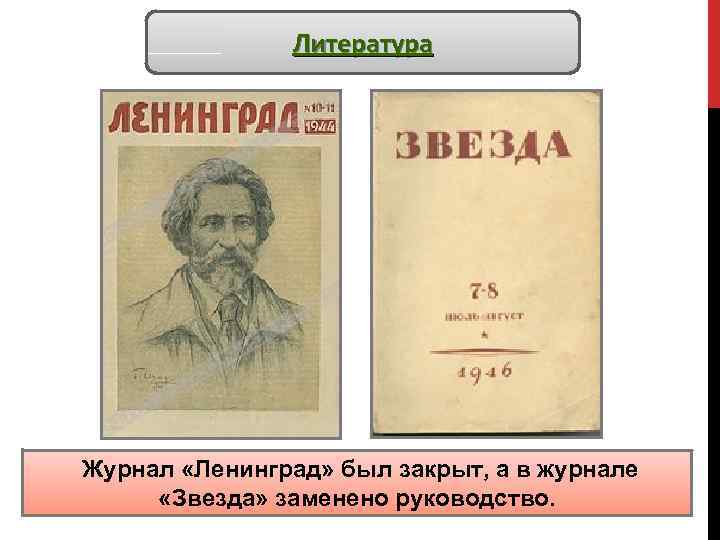 Литература Журнал «Ленинград» был закрыт, а в журнале «Звезда» заменено руководство. 