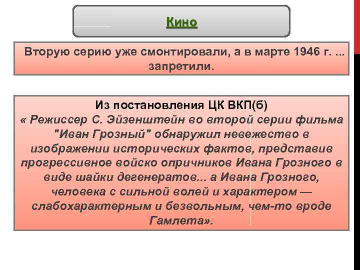 Кино Вторую серию уже смонтировали, а в марте 1946 г. . запретили. Из постановления