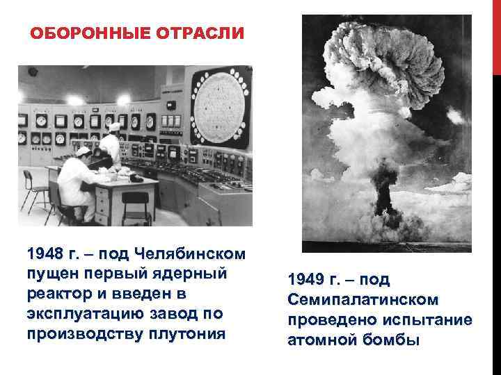 ОБОРОННЫЕ ОТРАСЛИ 1948 г. – под Челябинском пущен первый ядерный реактор и введен в