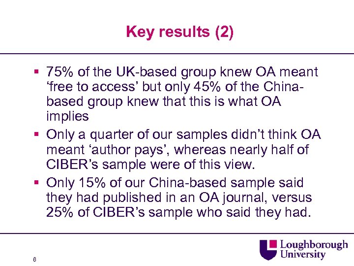 Key results (2) § 75% of the UK-based group knew OA meant ‘free to
