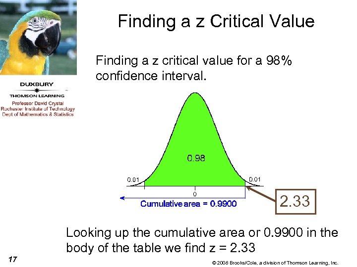 Finding a z Critical Value Finding a z critical value for a 98% confidence