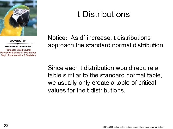 t Distributions Notice: As df increase, t distributions approach the standard normal distribution. Since