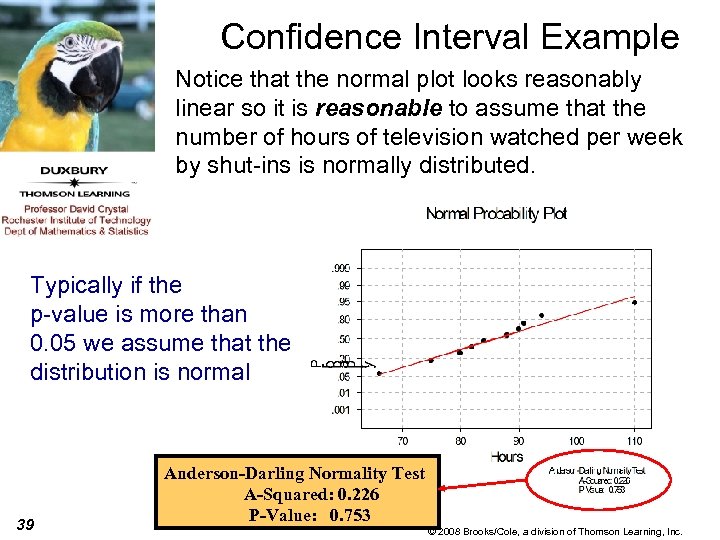 Confidence Interval Example Notice that the normal plot looks reasonably linear so it is