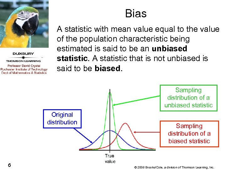 Bias A statistic with mean value equal to the value of the population characteristic