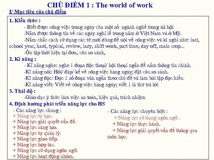 CHỦ ĐIỂM 1 : The world of work I/ Mục tiêu của chủ điểm