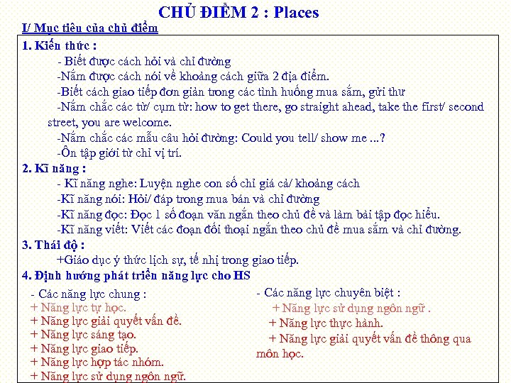 CHỦ ĐIỂM 2 : Places I/ Mục tiêu của chủ điểm 1. Kiến thức