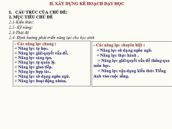 II. X Y DỰNG KẾ HOẠCH DẠY HỌC 1. CẤU TRÚC CỦA CHỦ ĐỀ: