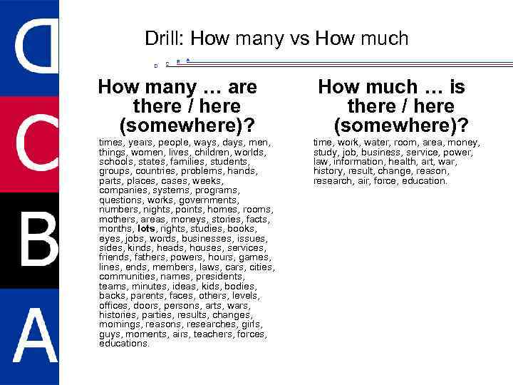 Drill: How many vs How much How many … are there / here (somewhere)?