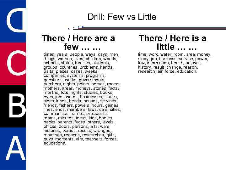 Drill: Few vs Little There / Here a few … … times, years, people,
