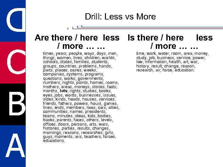 Drill: Less vs More Are there / here less Is there / here less
