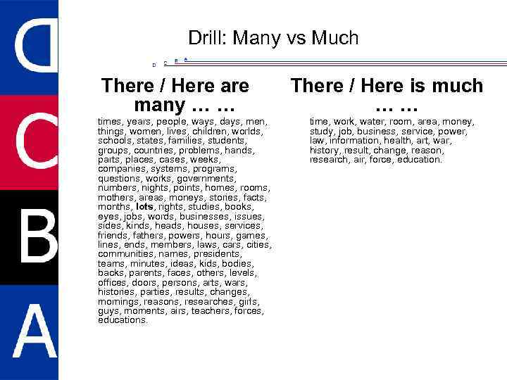 Drill: Many vs Much There / Here are many … … times, years, people,