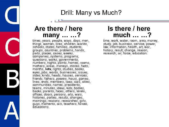 Drill: Many vs Much? Are there / here many … …? times, years, people,