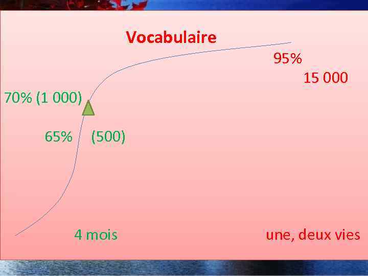 Vocabulaire 95% 15 000 70% (1 000) 65% (500) 4 mois une, deux vies