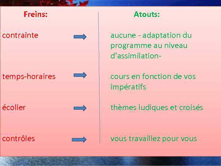  Freins: Atouts: contrainte aucune - adaptation du programme au niveau d’assimilation- temps-horaires cours