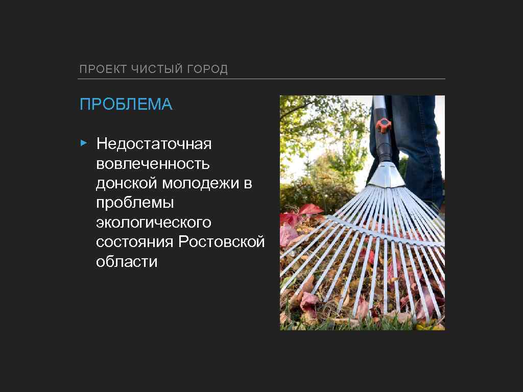 ПРОЕКТ ЧИСТЫЙ ГОРОД ПРОБЛЕМА ▸ Недостаточная вовлеченность донской молодежи в проблемы экологического состояния Ростовской