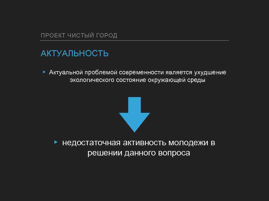 ПРОЕКТ ЧИСТЫЙ ГОРОД АКТУАЛЬНОСТЬ ▸ Актуальной проблемой современности является ухудшение экологического состояние окружающей среды