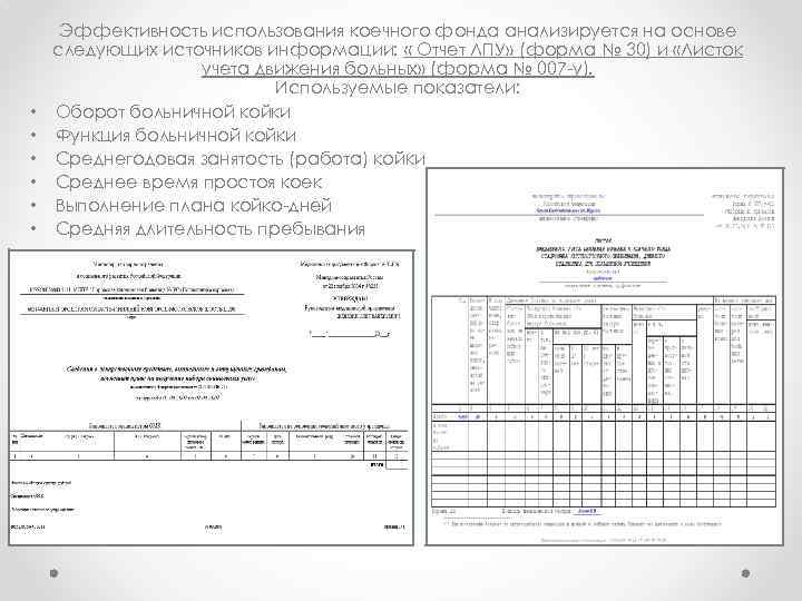  • • • Эффективность использования коечного фонда анализируется на основе следующих источников информации: