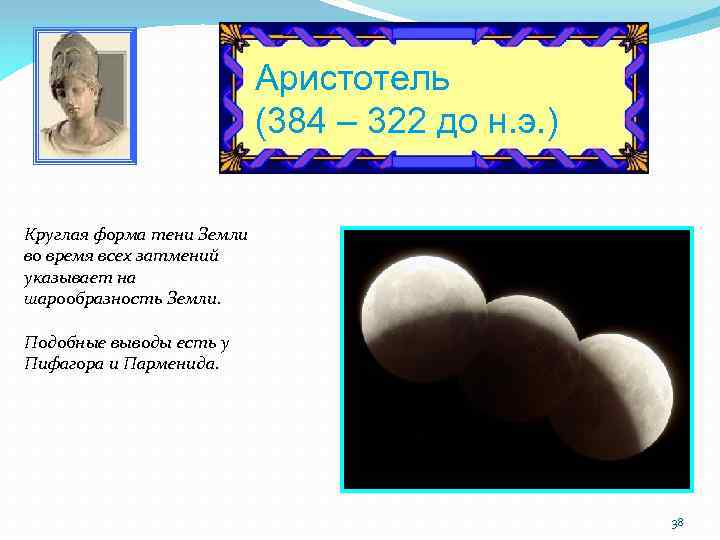 Аристотель (384 – 322 до н. э. ) Круглая форма тени Земли во время