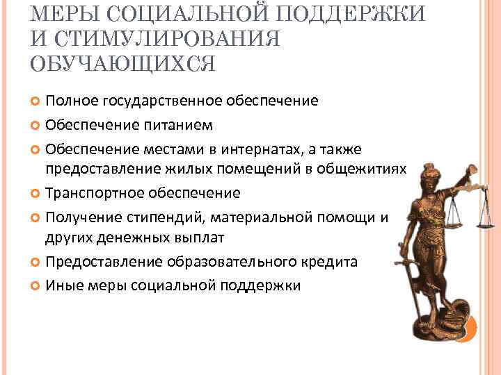 МЕРЫ СОЦИАЛЬНОЙ ПОДДЕРЖКИ И СТИМУЛИРОВАНИЯ ОБУЧАЮЩИХСЯ Полное государственное обеспечение Обеспечение питанием Обеспечение местами в