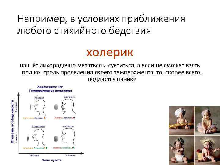 Например, в условиях приближения любого стихийного бедствия холерик начнёт лихорадочно метаться и суетиться, а