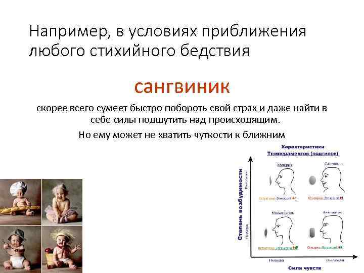 Например, в условиях приближения любого стихийного бедствия сангвиник скорее всего сумеет быстро побороть свой