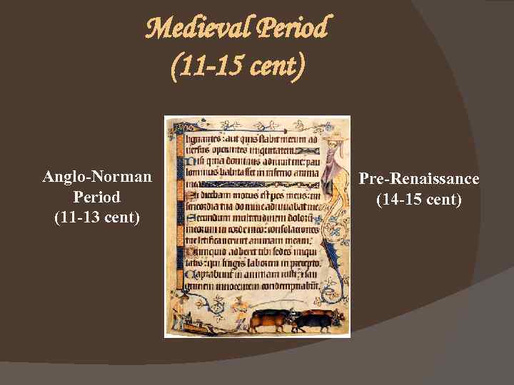 Medieval Period (11 -15 cent) Anglo-Norman Period (11 -13 cent) Pre-Renaissance (14 -15 cent)