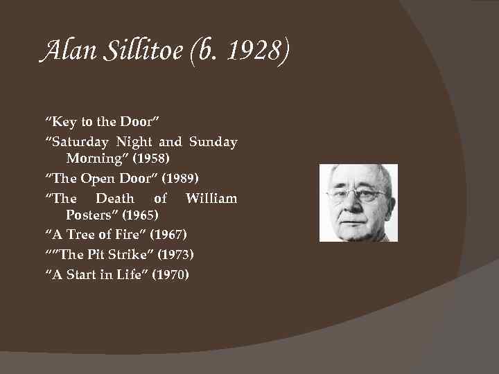 Alan Sillitoe (b. 1928) “Key to the Door” “Saturday Night and Sunday Morning” (1958)