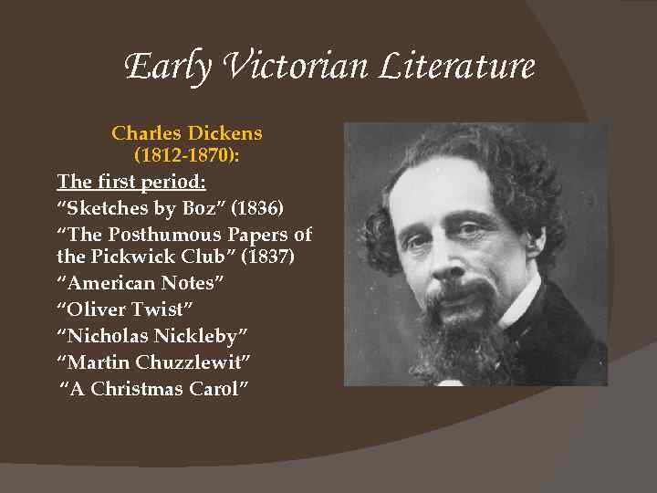 Early Victorian Literature Charles Dickens (1812 -1870): The first period: “Sketches by Boz” (1836)