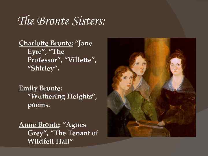 The Bronte Sisters: Charlotte Bronte: “Jane Eyre”, “The Professor”, “Villette”, “Shirley”. Emily Bronte: ”Wuthering