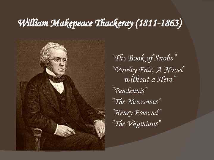 William Makepeace Thackeray (1811 -1863) “The Book of Snobs” “Vanity Fair, A Novel without