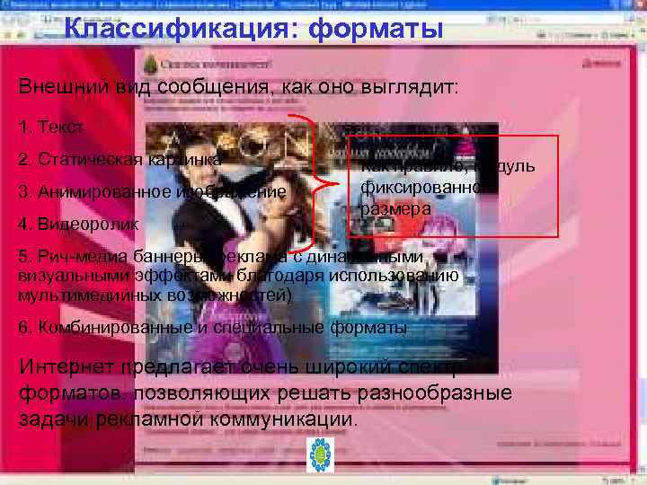 Классификация: форматы Внешний вид сообщения, как оно выглядит: 1. Текст 2. Статическая картинка 3.