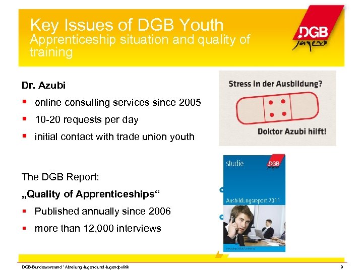 Key Issues of DGB Youth Apprenticeship situation and quality of training Dr. Azubi online