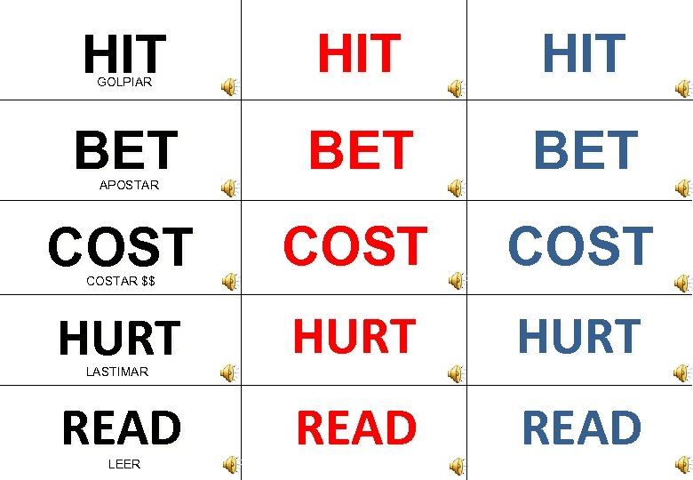 HIT GOLPIAR HIT BET BET COST HURT READ APOSTAR COSTAR $$ LASTIMAR LEER 