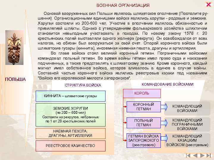  ВОЕННАЯ ОРГАНИЗАЦИЯ ПОЛЬША Основой вооруженных сил Польши являлось шляхетское ополчение (Посполите рушення). Организационными