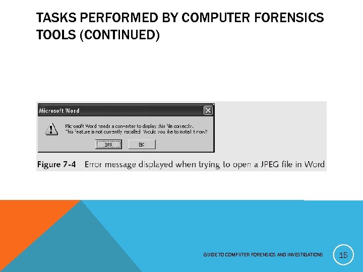 TASKS PERFORMED BY COMPUTER FORENSICS TOOLS (CONTINUED) GUIDE TO COMPUTER FORENSICS AND INVESTIGATIONS 15